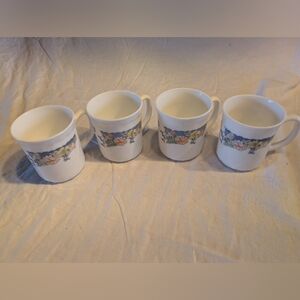 2/60$ Set of 4 White Milk Glass Mugs with Multicolor Floral Band